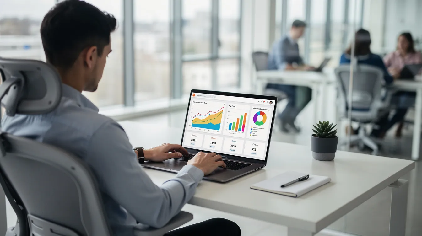 A person is sitting at a sleek desk in a modern office, focused on their laptop, which displays a vibrant social media dashboard showcasing various metrics related to engagement rates and follower growth. This setting emphasizes the importance of social media services, like buying Twitter likes for enhancing online presence and achieving organic growth.