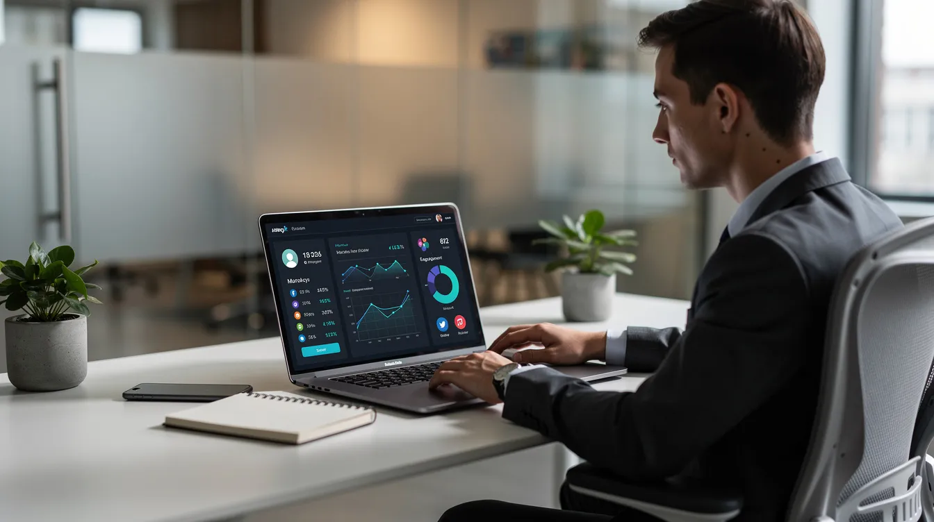 A person is sitting at a modern workspace, analyzing social media metrics on a laptop, focusing on key metrics from their Twitter account. The screen displays an analytics dashboard that includes engagement rates, follower growth, and audience insights, providing valuable data-driven insights for their social media strategy.