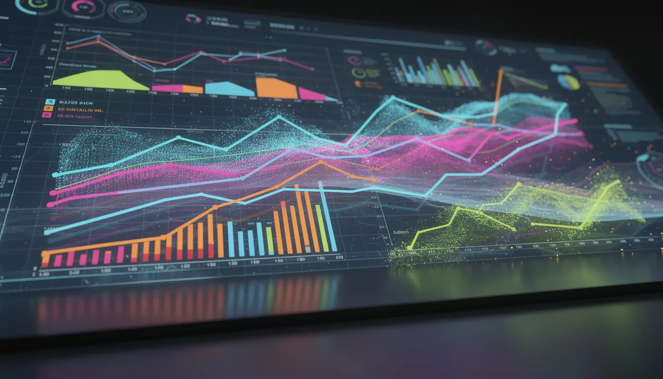 The image features an abstract data visualization displaying colorful line graphs and charts on a digital screen, representing various statistics related to Twitter accounts, including new followers, inactive accounts, and unfollowers. This vibrant composition illustrates the complex data tracking process that social media managers use to analyze their Twitter experience and manage their following lists effectively.