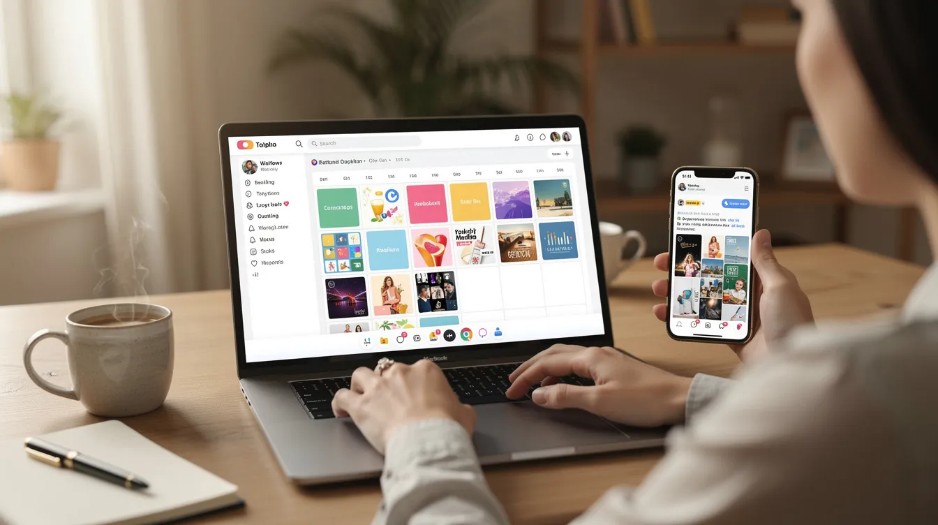 A content creator sits at a desk with a laptop, planning social media posts while enjoying a cup of coffee. The scene captures the essence of social media marketing services, highlighting the importance of consistent posting for genuine engagement on major social media platforms.