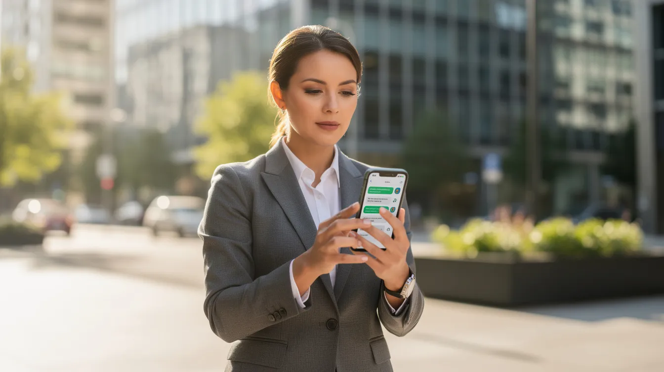 A professional is intently looking at their smartphone outdoors, where they are likely checking notifications related to their twitter marketing strategy or social media advertising efforts. The scene captures the essence of digital marketing in a vibrant, engaging environment.