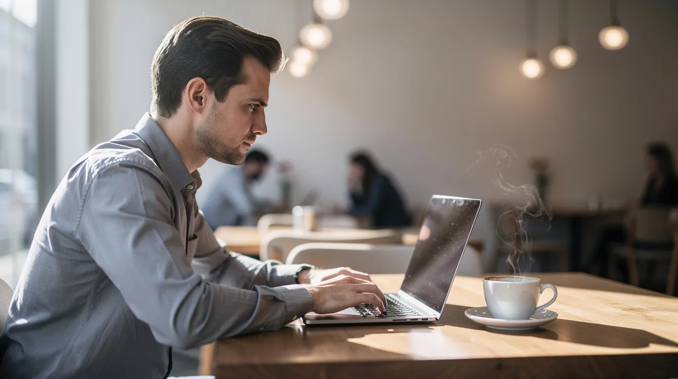 A focused entrepreneur is working on a laptop, with a coffee cup beside them, analyzing key metrics on their screen to enhance their social media strategy. The setting suggests a productive environment where they are likely accessing analytics tools to measure performance and track follower growth on their Twitter account.