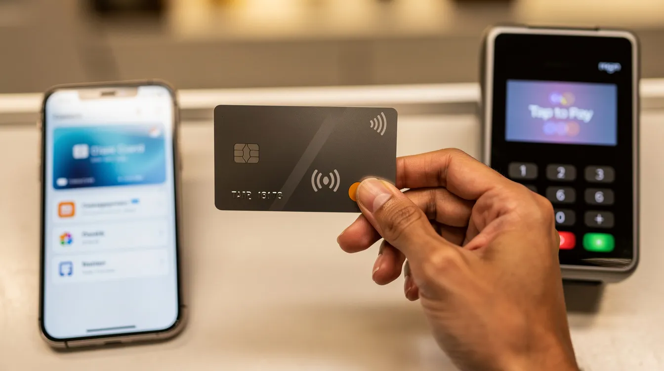 A hand is holding a credit card close to a digital payment terminal or mobile phone, illustrating the convenience of modern transactions in today's social media-driven world. This image captures the essence of how technology facilitates financial exchanges, reflecting the evolving landscape of digital interactions.