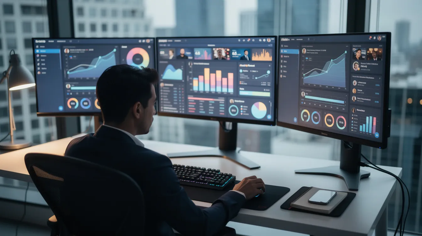 A person is seated at a desk surrounded by multiple screens displaying analytics dashboards and social media feeds, focusing on metrics like follower count and engagement. The setup suggests a professional environment dedicated to monitoring social media performance, potentially related to buying and managing followers on platforms like Twitter and Instagram.