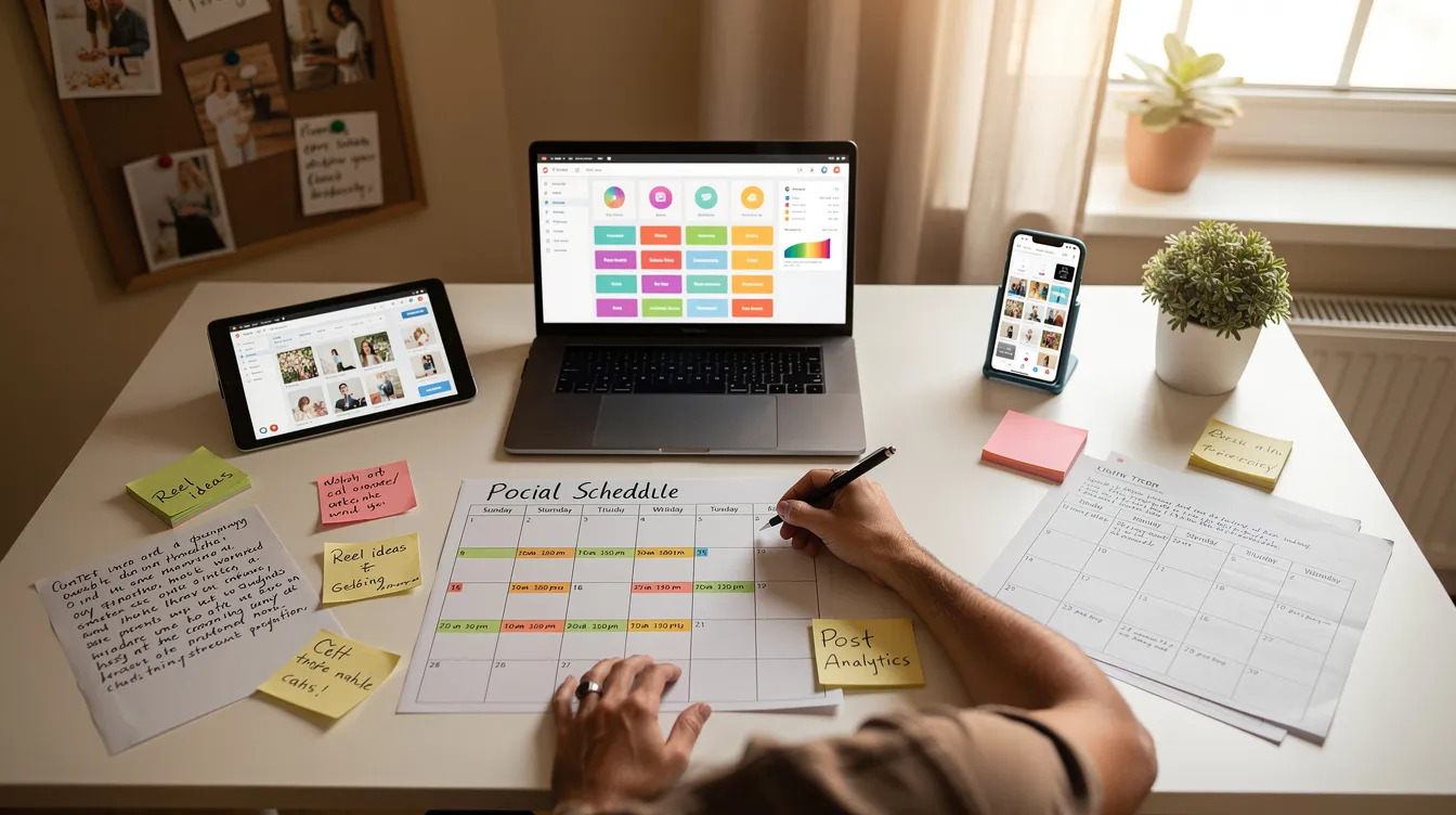 A content creator is seated at a desk, surrounded by notes and a planner as they strategize their social media calendar for upcoming posts, aiming for organic engagement and consistent posting on platforms like Twitter and Instagram. The scene reflects a focus on enhancing their social media presence and planning promotional campaigns to boost real followers and authentic engagement.