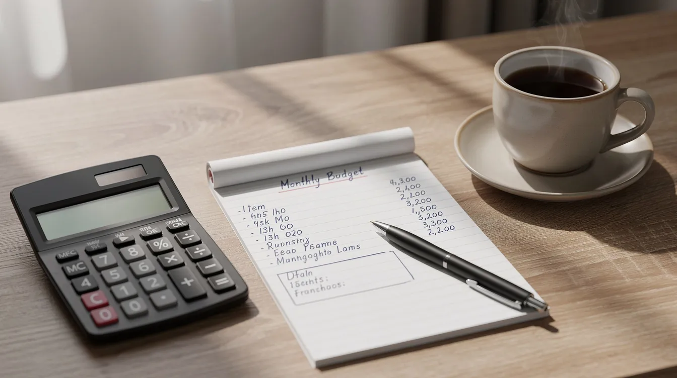 The image shows a calculator placed next to a notepad filled with budget planning notes, alongside a steaming coffee cup, creating a cozy workspace for managing finances. This setup reflects a focus on budget services and financial planning for social media platforms.
