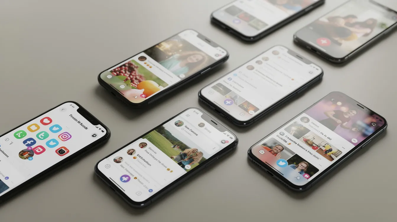 The image features multiple smartphones, each showcasing various social media applications, highlighting the ability to manage multiple Twitter accounts and monitor multiple timelines. This visual representation emphasizes the powerful features available to social media managers, allowing them to engage with users in real time and organize content effectively.