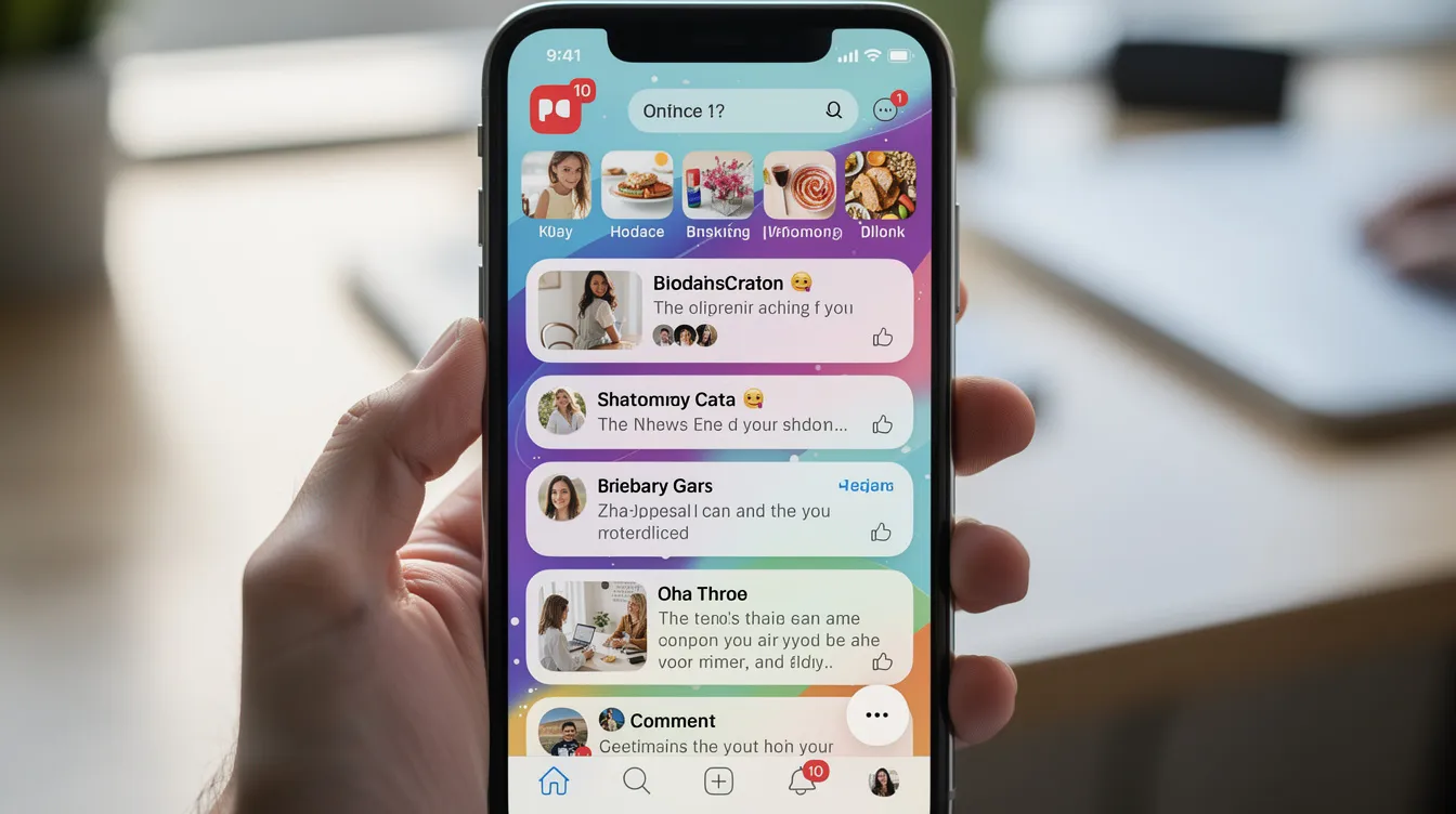The image shows a smartphone with a vibrant social media feed, featuring various posts, notifications, and trending topics from a diverse global community. Users can engage in conversations, share ideas, and explore breaking live news, all through this dynamic social media platform.