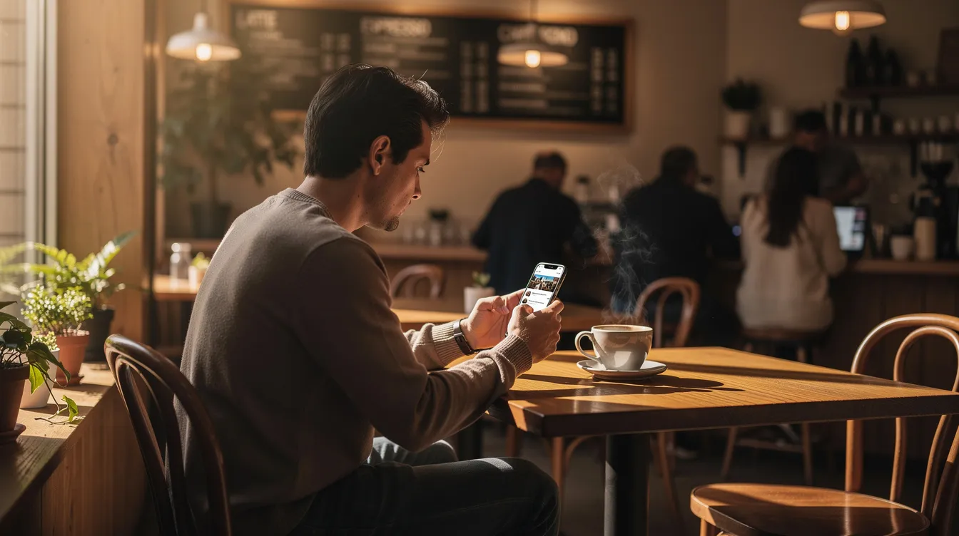 A person is sitting in a cozy coffee shop, scrolling through social media on their smartphone, possibly checking their Twitter profile for likes and engagement. The vibrant atmosphere around them suggests a blend of real interactions and social media strategy as they connect with other users online.