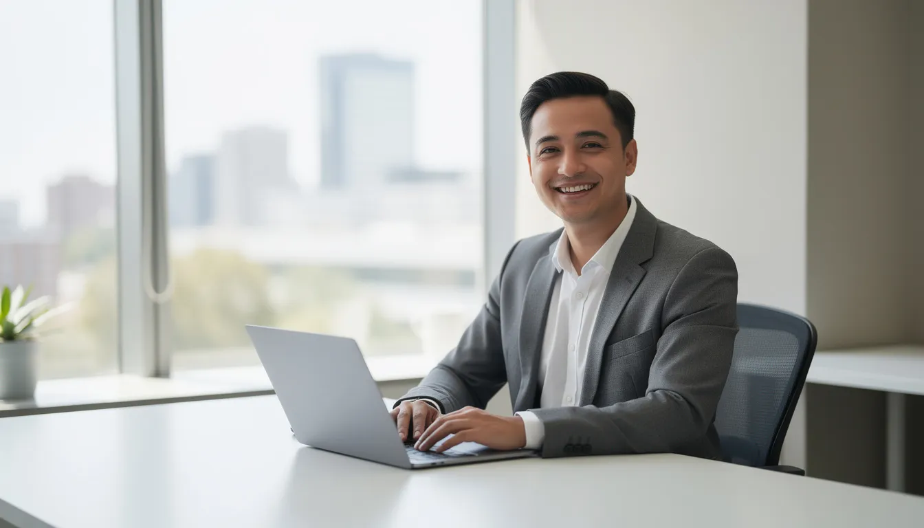 The image features a professional person smiling in a bright office environment, seated at a desk with a laptop open in front of them. This setting suggests a productive atmosphere where one can develop valuable insights and strategies, such as growing Twitter followers and creating high-quality content for their personal brand.