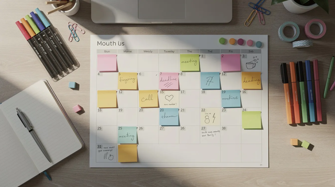 A colorful calendar adorned with sticky notes sits on a desk, surrounded by various planning materials, symbolizing effective social media strategy and organization. This vibrant setup is ideal for anyone looking to boost their social media presence, including engaging with potential customers on platforms like Twitter and Instagram.