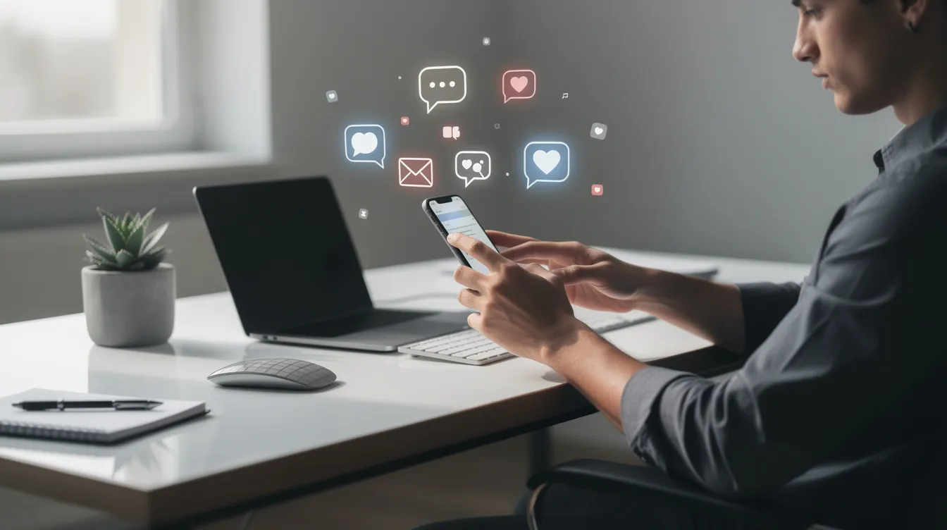 A person is sitting at a sleek, modern desk, focused on typing on their smartphone, while colorful notification icons representing social media interactions float above. This scene captures the essence of a content creator engaging with their audience on platforms like Twitter, highlighting the importance of posting valuable content and connecting with followers.