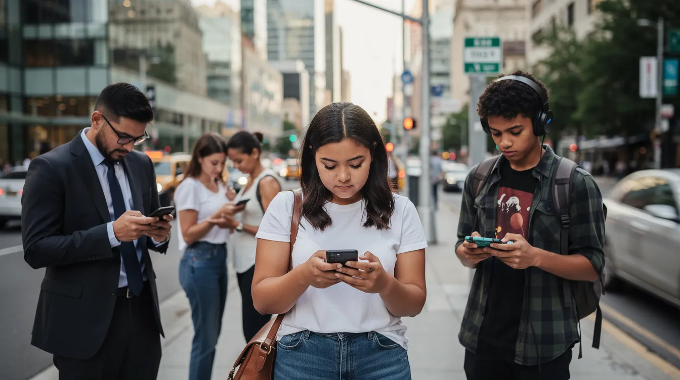 The image depicts a diverse group of people in an urban setting, all focused on their smartphones, likely engaging with a social media platform. This scene reflects the modern digital landscape where users interact with content and each other, reminiscent of the public conversation that platforms like Twitter, now rebranded as X Corp, facilitate.