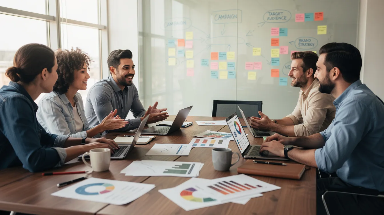 A diverse team of social media marketers collaborates around a table, each equipped with laptops, as they discuss strategies for enhancing their Twitter presence. They analyze key metrics and engagement rates to create a data-driven social media strategy aimed at improving follower growth and audience insights.