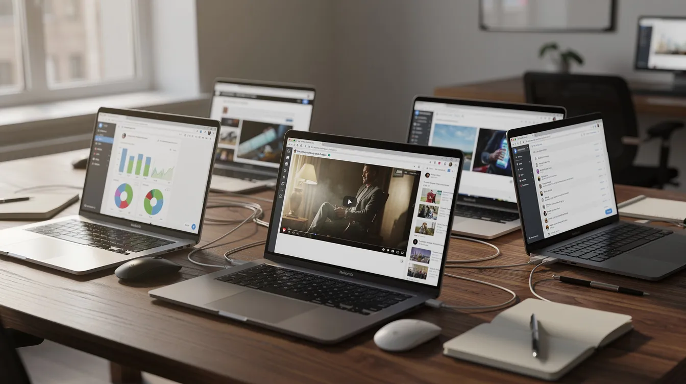 The image displays multiple laptop screens, each featuring different browser windows open, showcasing various websites and applications. This setup suggests a focus on managing user credentials and accounts, possibly for platforms like Twitter, highlighting the importance of security and access for users.