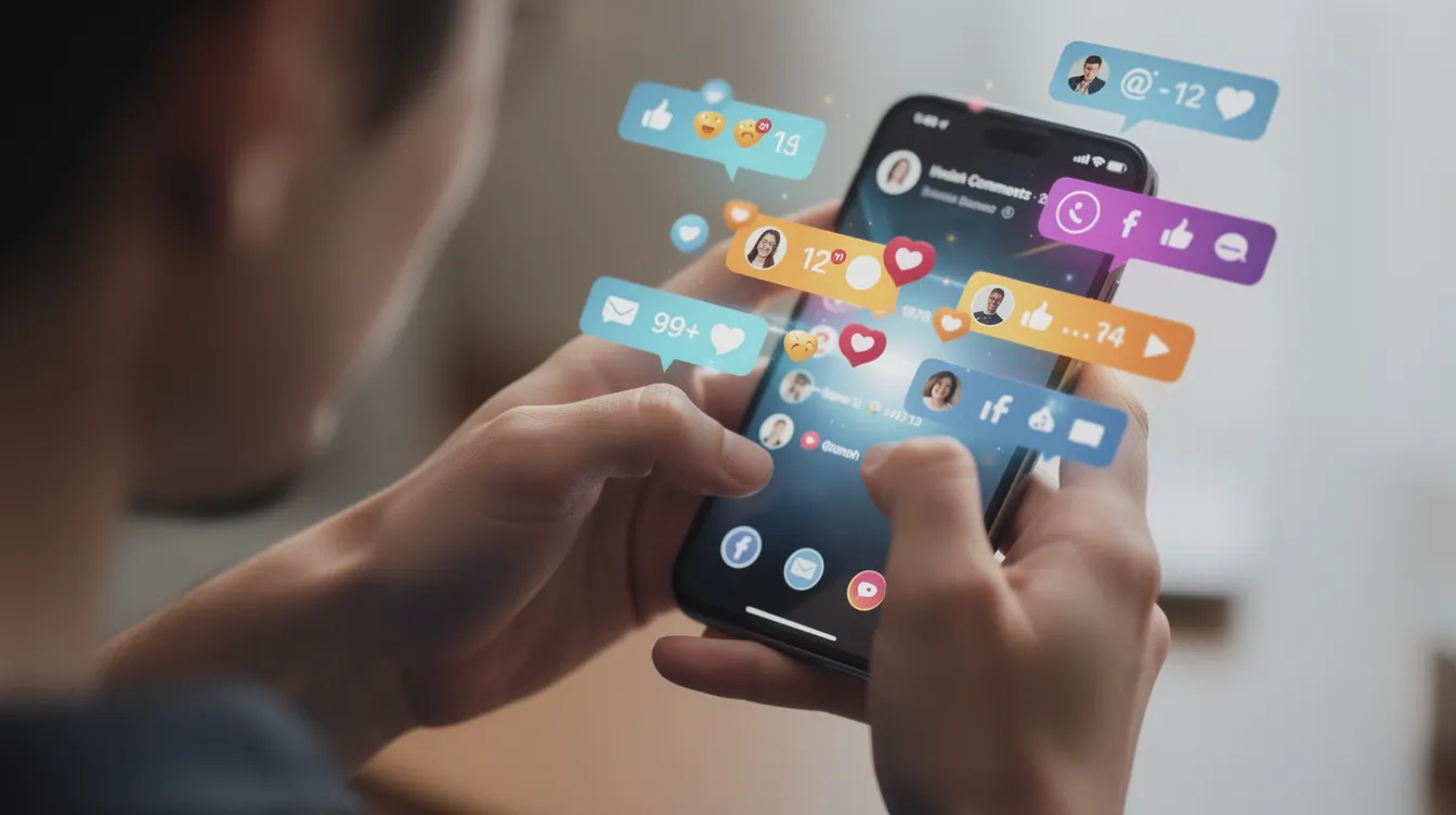 image of a person typing on a smartphone with social media notifications visible