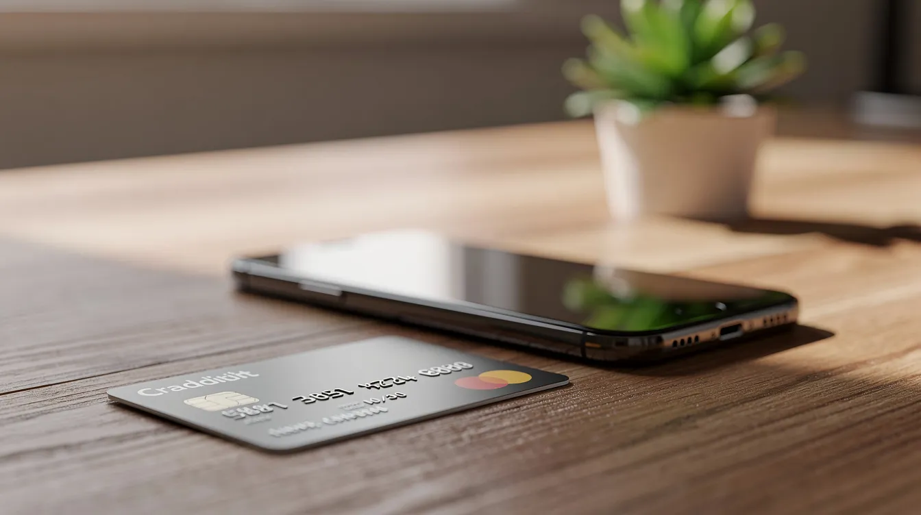 A credit card and a smartphone are placed on a wooden desk, with a small plant in the background, symbolizing a modern approach to managing social media accounts and online transactions. This scene reflects the importance of authentic engagement and social media presence in today's digital landscape.