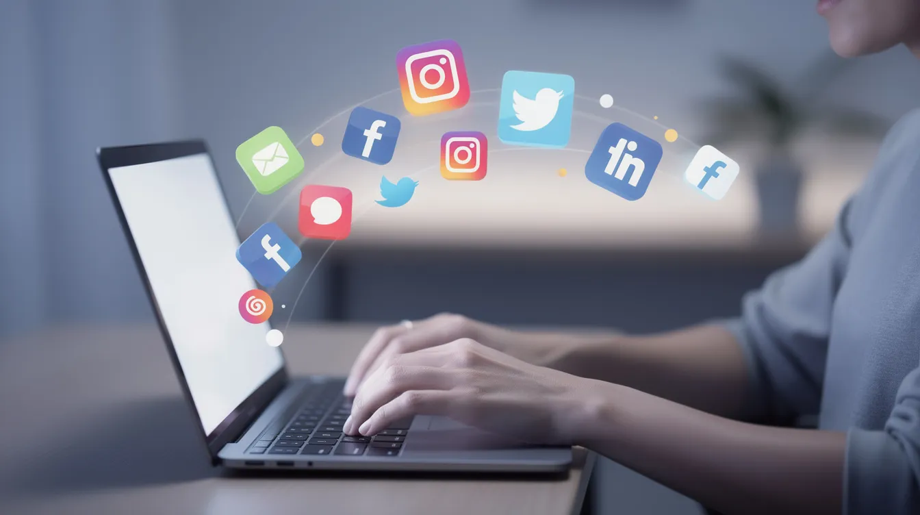 A person is focused on typing on a laptop, surrounded by floating social media icons, symbolizing the use of an AI tweet generator to create engaging tweets and enhance their social media presence. The scene captures the essence of content creation and the power of technology in connecting with a target audience.