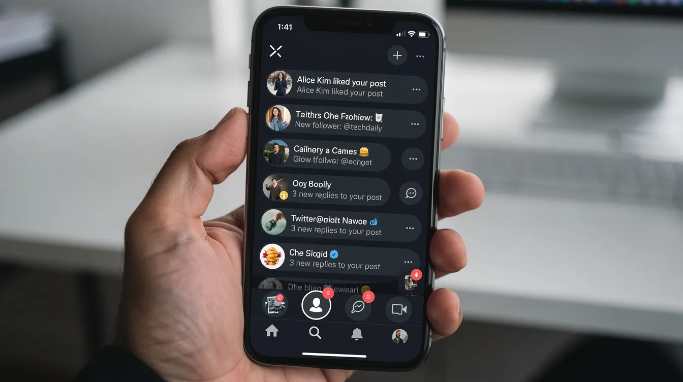 The image shows a smartphone displaying the interface of the Twitter/X app, featuring notifications and a feed filled with engaging tweets. This visual highlights the platform's role as a powerful tool for content creation and social media presence, allowing users to generate tweets and connect with their target audience.