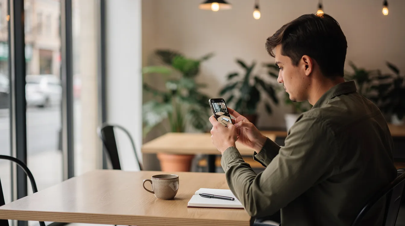 A person is sitting in a modern cafe, intently using a smartphone, possibly engaging with a social media platform like Twitter, which has recently undergone significant changes since Musk acquired Twitter and rebranded it to X Corp. The ambiance includes stylish furniture and a relaxed atmosphere, ideal for social interaction and user engagement.