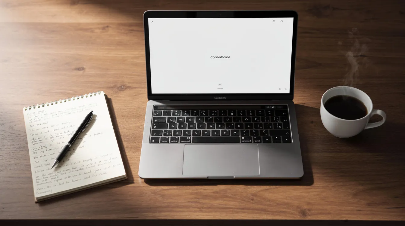 A cozy workspace featuring a laptop, an open notebook, and a steaming coffee cup on a wooden desk, ideal for a content creator looking to engage their audience on social media platforms like Twitter. The setup suggests a productive environment for writing blog posts and scheduling tweets to build a personal brand and connect with followers.