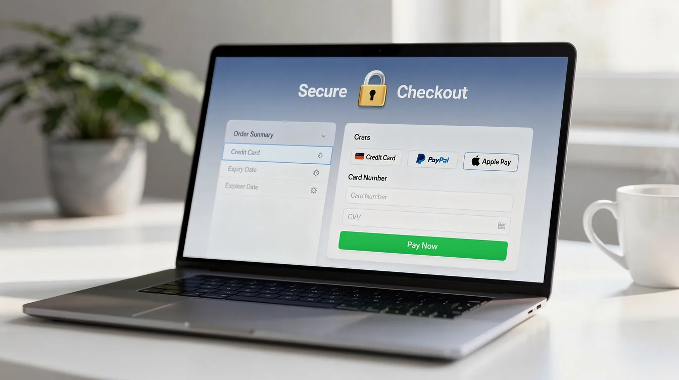 A laptop displays a secure checkout page featuring various payment options, including Google Pay and Apple Pay, aimed at facilitating online transactions for social media services. The page emphasizes customer support and fast delivery, ensuring a seamless experience for users looking to enhance their social media presence.