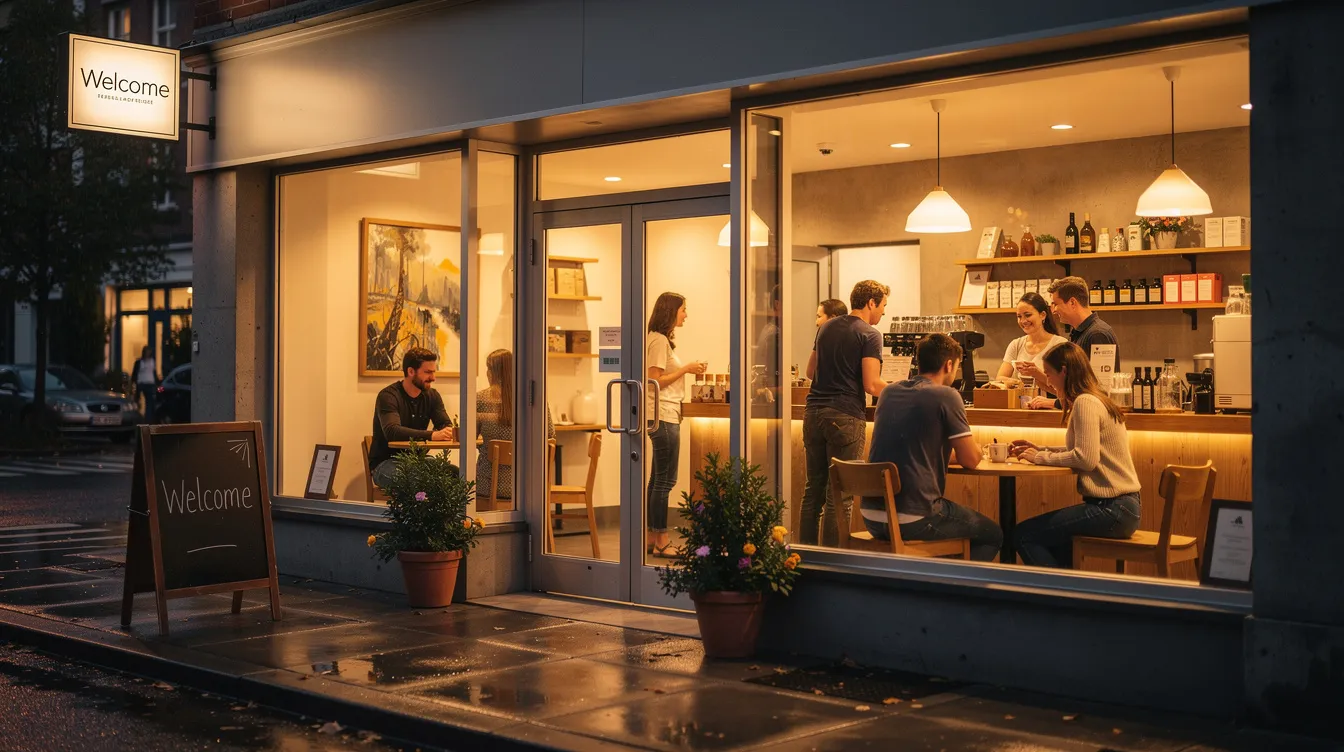 The image depicts a cozy small business storefront illuminated by warm lighting, with customers happily browsing inside. This inviting scene suggests a vibrant social media presence, where businesses can engage with their target audience and boost engagement through meaningful conversations and authentic connections.