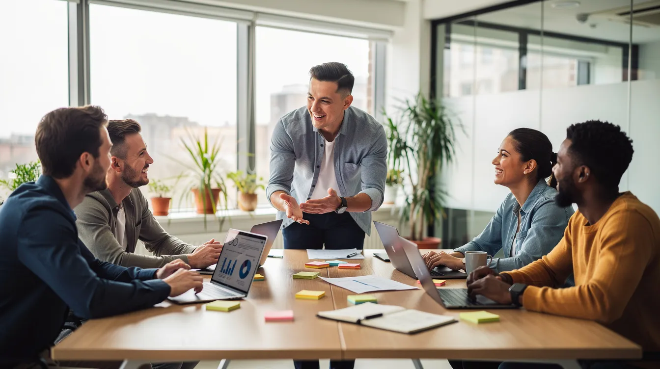 A person is collaborating with team members in a modern office setting, discussing ideas and strategies for managing social media accounts and enhancing their online presence. The atmosphere is dynamic, filled with technology and teamwork, as they explore options to buy and sell verified accounts across various social media platforms.