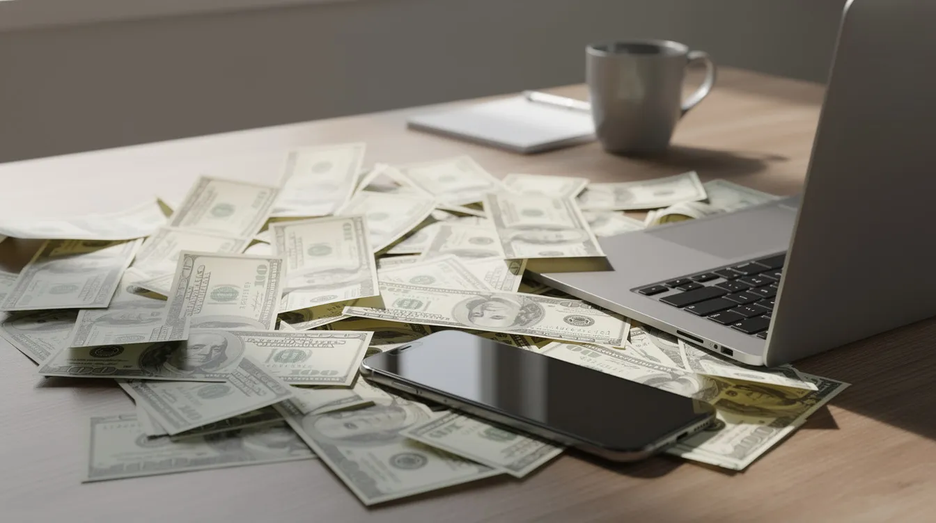 The image shows US dollar bills scattered across a desk alongside a laptop and smartphone, suggesting a workspace where social media managers might manage multiple Twitter accounts and organize content. The scene reflects the financial aspects of engaging with various users and maintaining account interactions on platforms like Twitter.