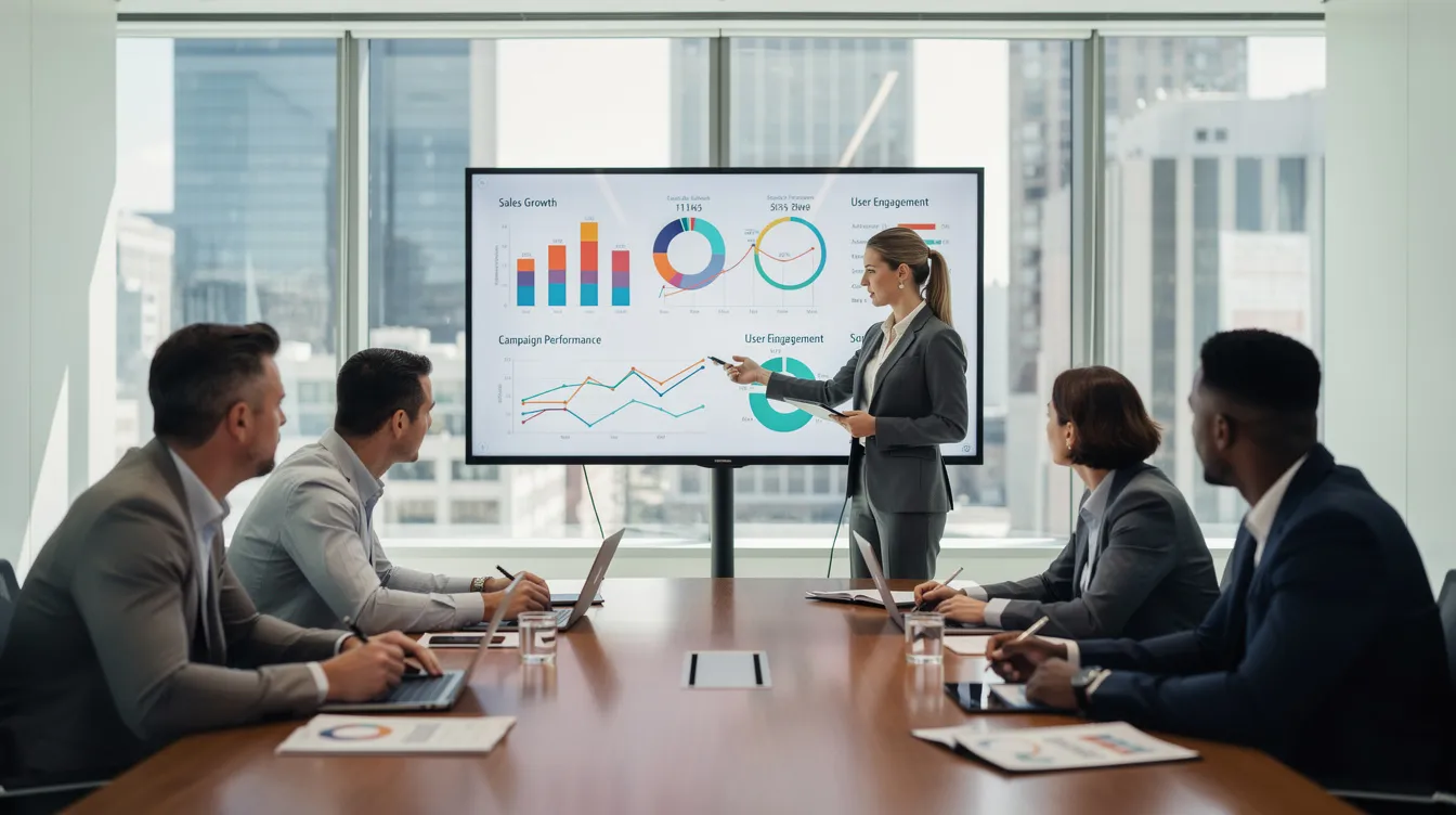 A diverse business team is gathered around a conference table, intently discussing marketing strategies while analyzing charts and analytics displayed on a screen. They are focused on enhancing their social media presence, looking for ways to boost organic engagement and deliver real engagement through effective marketing services.