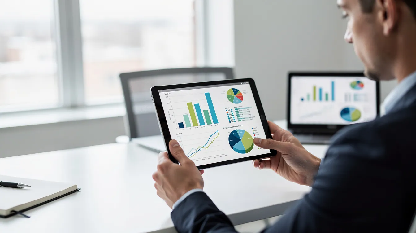 A person is seated at a modern desk, intently reviewing charts and graphs displayed on a tablet, likely analyzing data related to social media metrics such as follower count and engagement impact. The setting suggests a focus on strategies for organic growth and improving social proof on platforms like Twitter and Instagram.