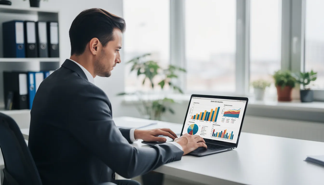 A person is intently analyzing data charts displayed on a laptop screen in a modern office setting, likely focusing on social media strategy and twitter analytics to enhance their online presence and engage with their audience effectively. The environment suggests a professional atmosphere where the individual is strategizing ways to increase their twitter followers and improve their engagement on social media platforms.