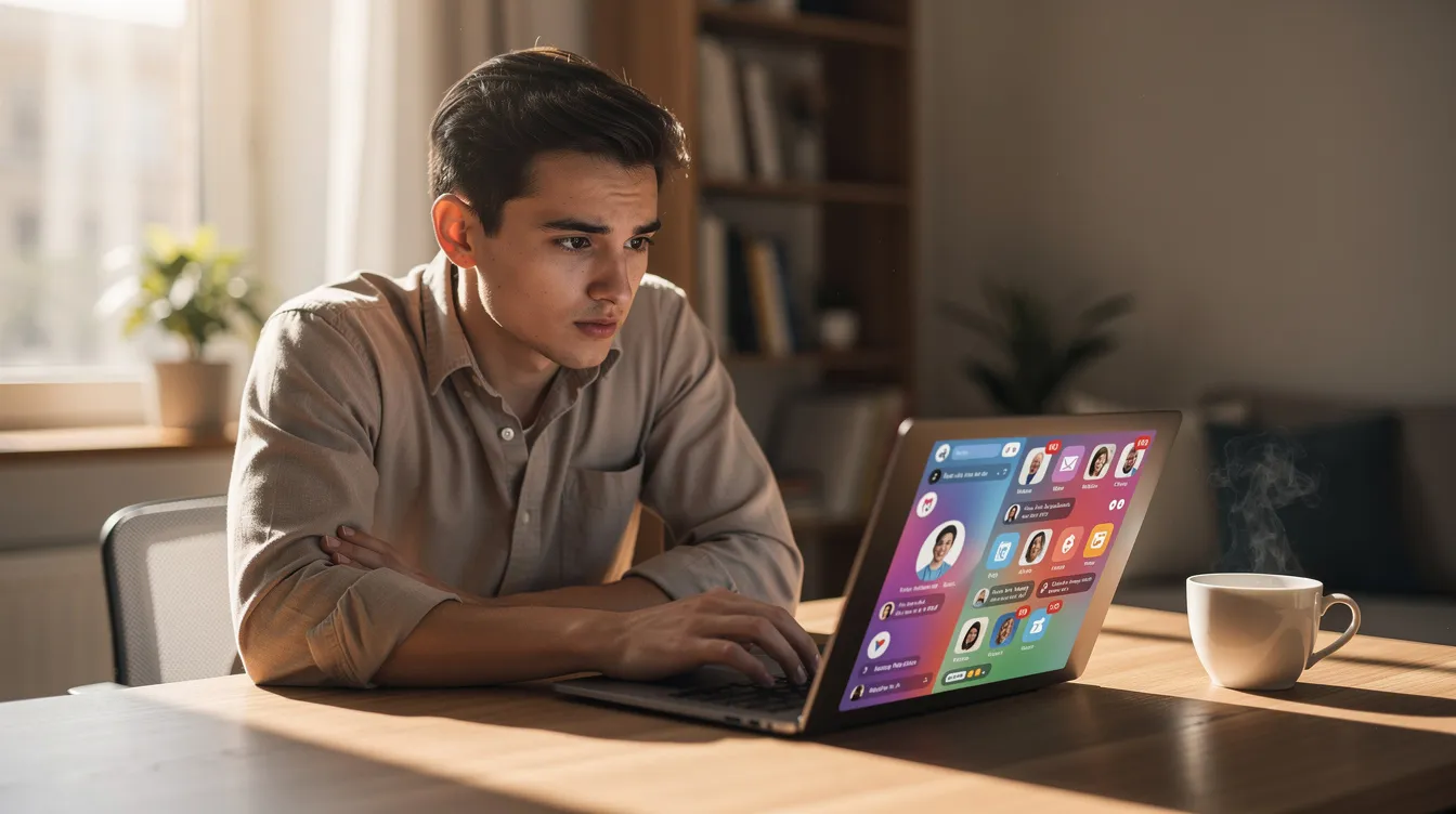 A person sits at a desk working on a laptop, coffee cup in hand, while engaging with social media notifications, likely analyzing their twitter marketing strategy or reviewing their twitter advertising campaigns. The scene captures the blend of digital marketing and daily routine, emphasizing the importance of social media platforms in driving engagement and boosting brand awareness.