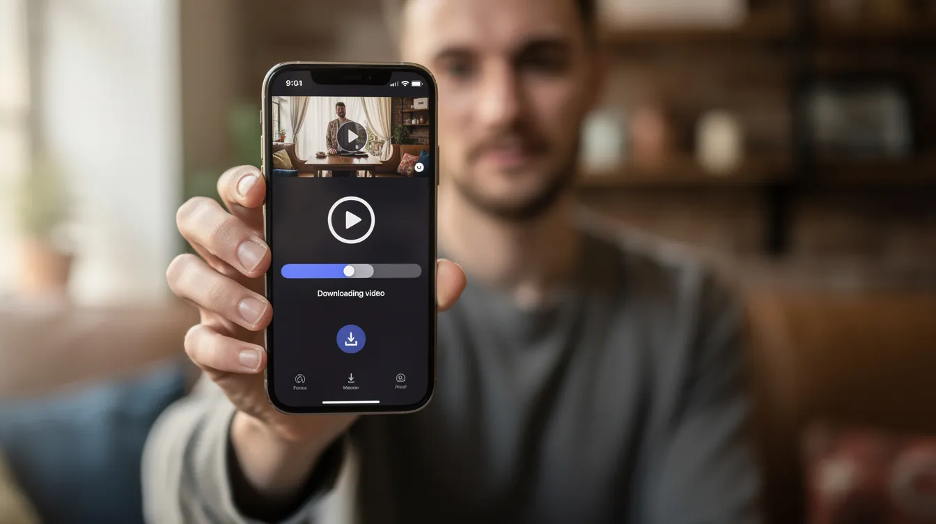 A person is holding a smartphone, actively downloading video content from Twitter using a video downloader app. The image captures the ease of saving Twitter videos quickly with just a few clicks, showcasing the convenience of downloading videos online.