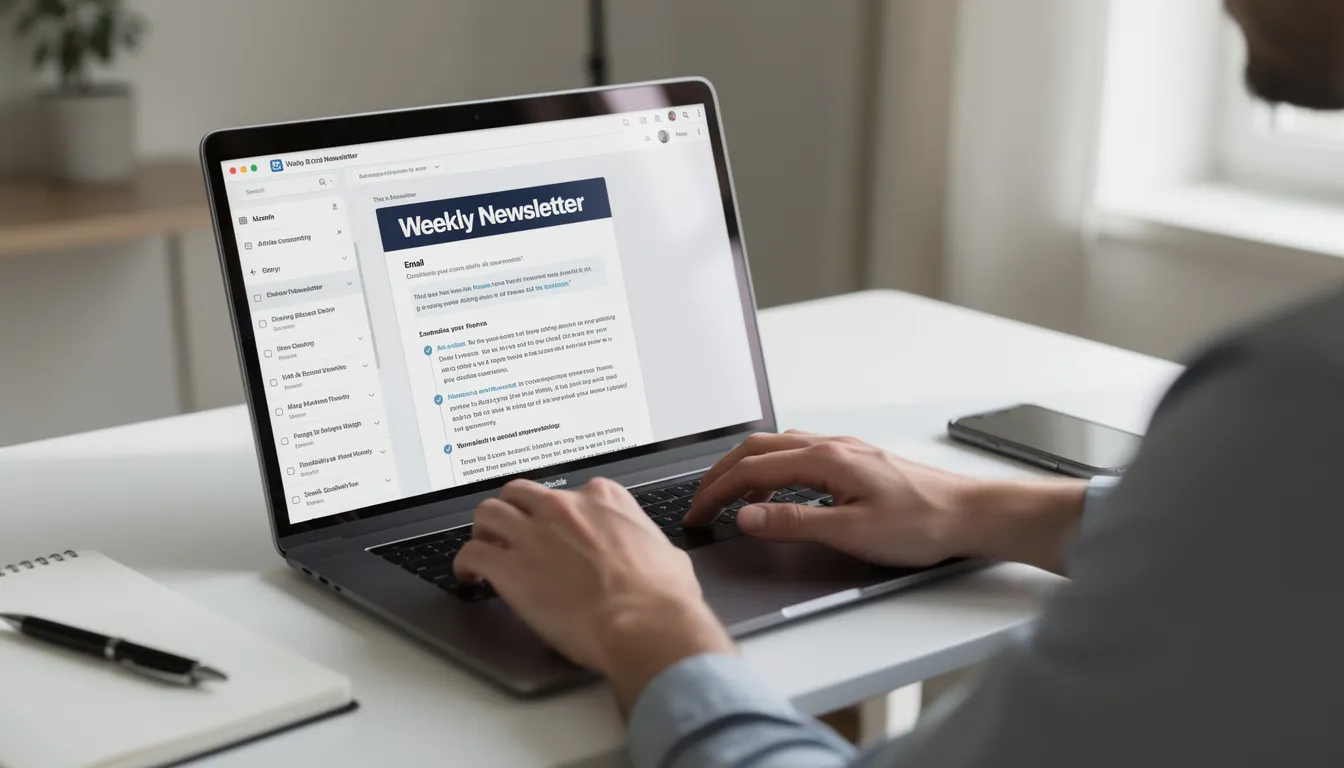 A person is seated at a desk, focused on their laptop, where an email newsletter interface is displayed on the screen. This scene highlights the importance of engaging content and social media strategy for connecting with an audience, potentially to grow a twitter account or reach more followers.