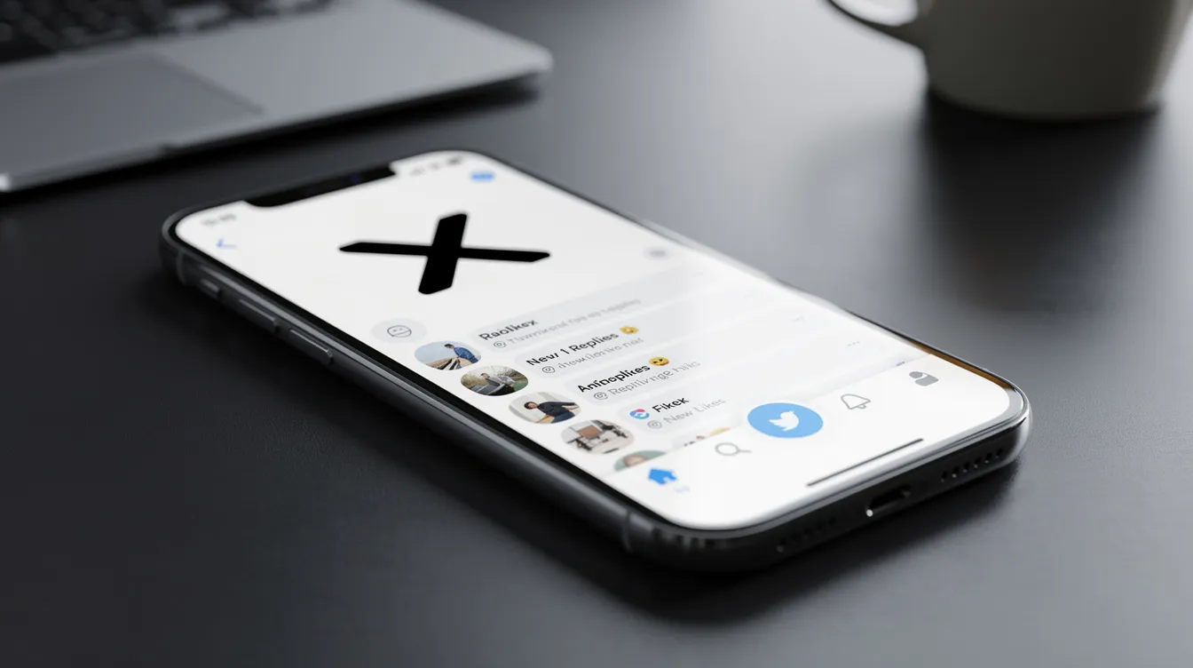 A smartphone is displaying the Twitter X app, showcasing various engagement notifications that highlight interaction metrics such as likes and retweets. This visual represents the importance of organic engagement and social media services for enhancing a Twitter account's presence and credibility.