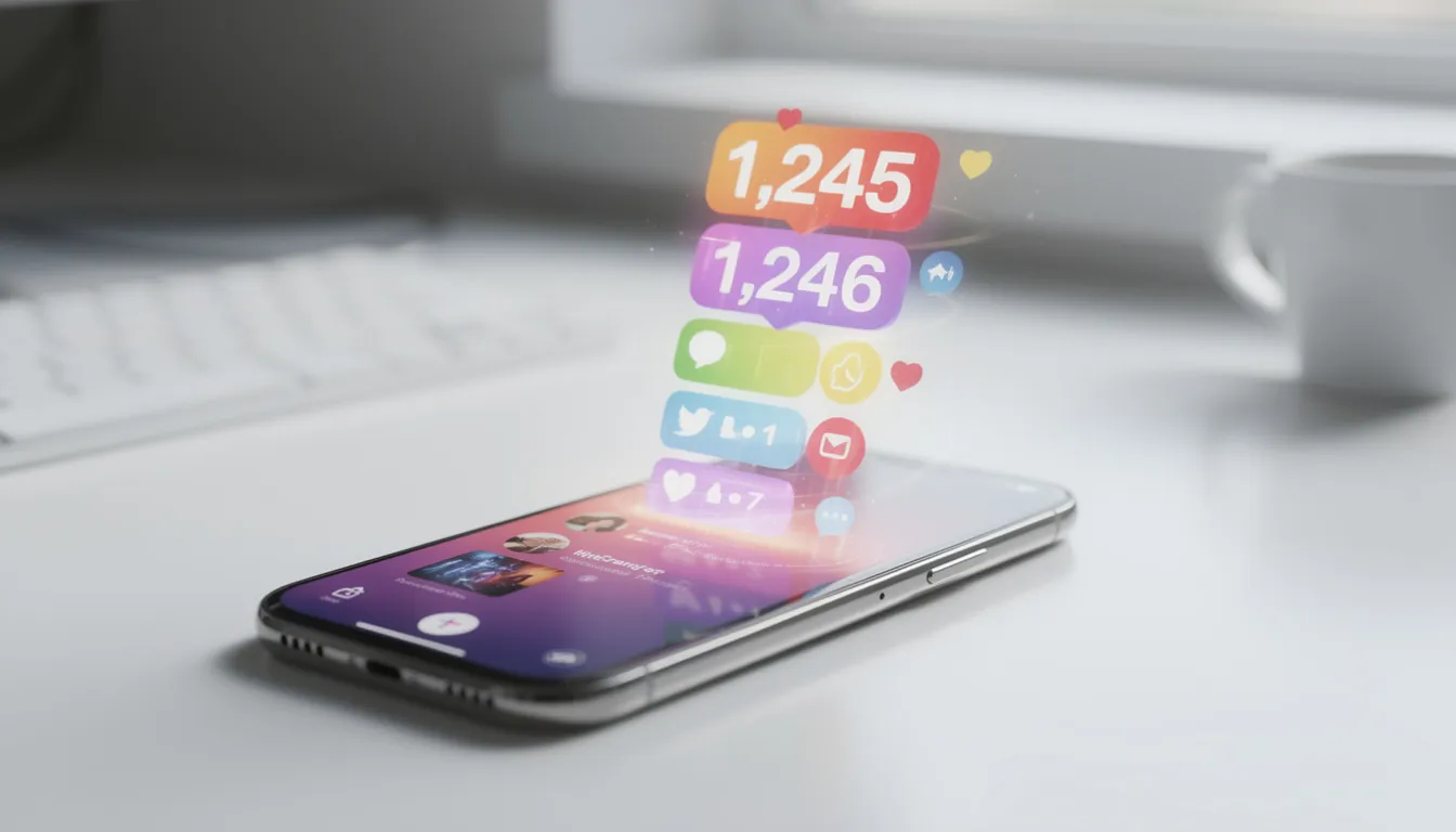 The image shows a smartphone screen filled with social media notifications, prominently featuring a growing follower count for a twitter account. This visual highlights the importance of social proof and engagement, suggesting that increasing followers can enhance an account's credibility on various social media platforms.