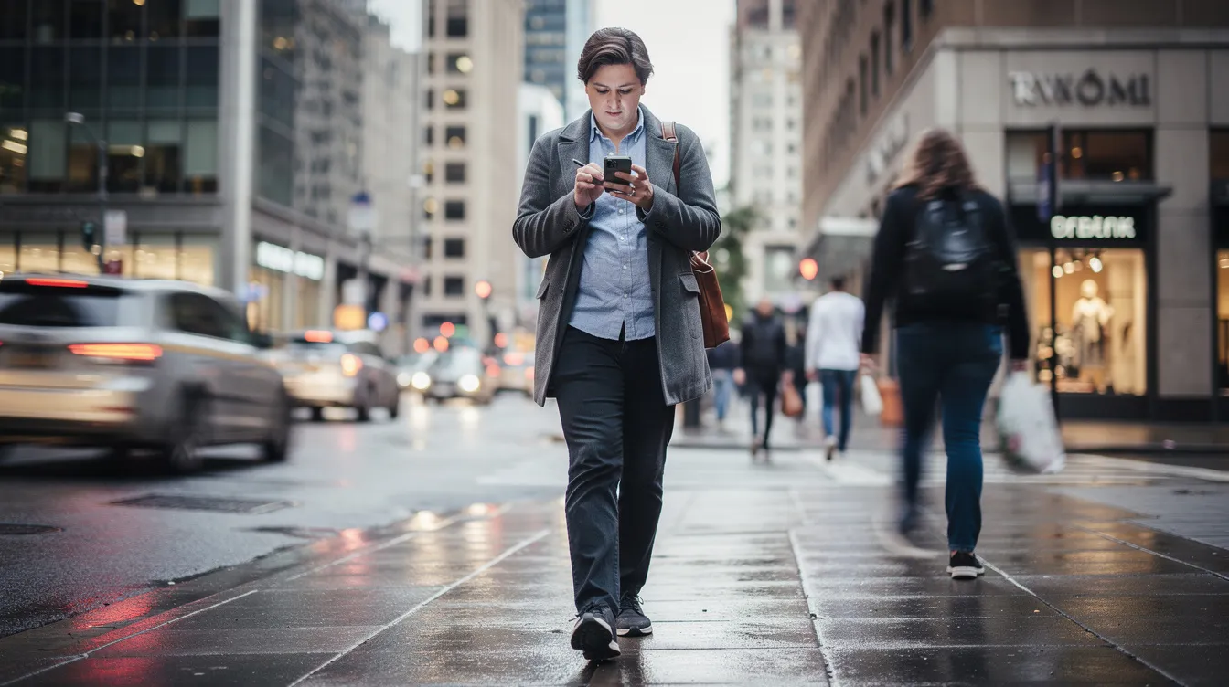A person is walking through a busy city street, focused on taking notes on their phone, possibly jotting down ideas for their social media channels or content creation. This scene captures the essence of a modern influencer balancing real life with their online presence, as they engage with their target audience through strategic content and valuable posts.