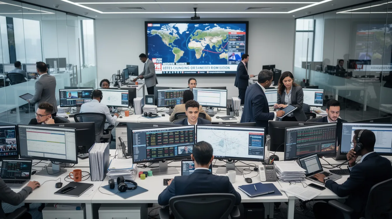 The image depicts a bustling newsroom where journalists are focused on their laptops, with monitors around them displaying live breaking news feeds and trending topics. The atmosphere is charged with energy as they work to explore diverse perspectives and shape public dialogue in the fast-paced world of social media.