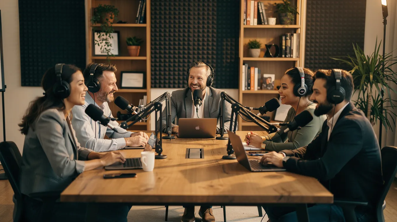 The image shows a diverse group of people engaged in a podcast-style recording session, gathered around microphones as they share ideas and explore different perspectives. This lively environment captures the essence of live audio conversations, where the world's leading voices discuss trending topics and breaking news.
