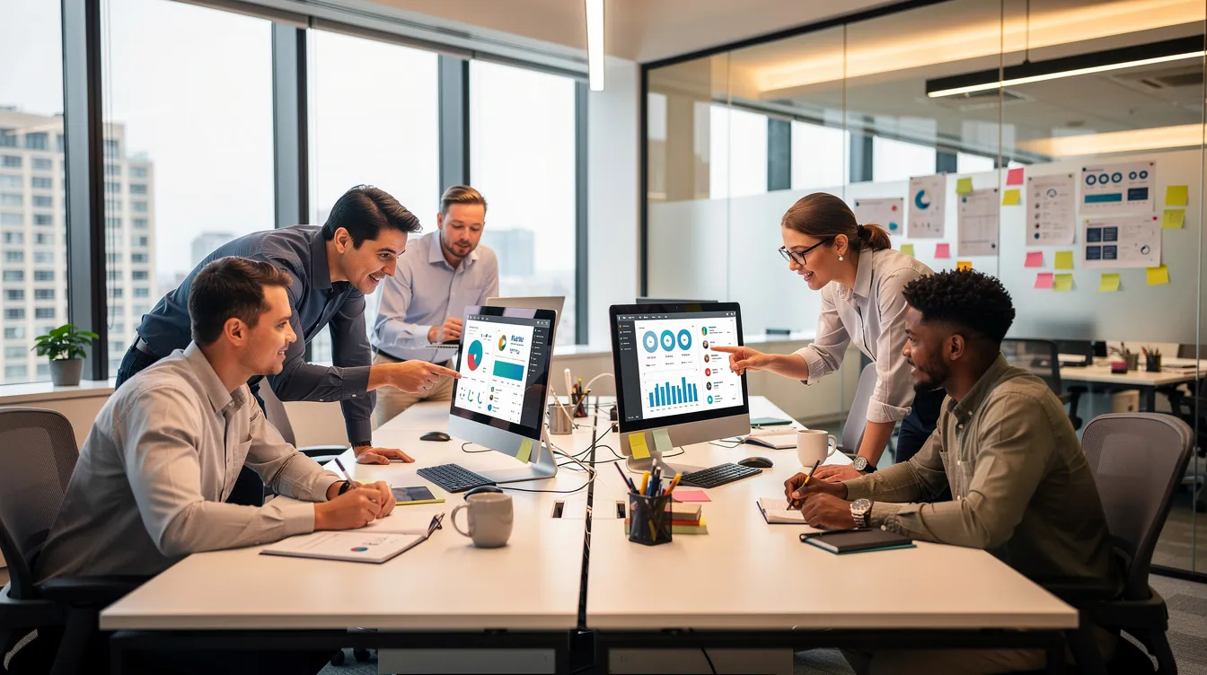 A diverse team of marketers is collaborating at their computers in a modern office, brainstorming ideas for engaging tweets and social media content. They are utilizing various AI tools to enhance their social media presence and create on-brand tweets tailored to their target audience.