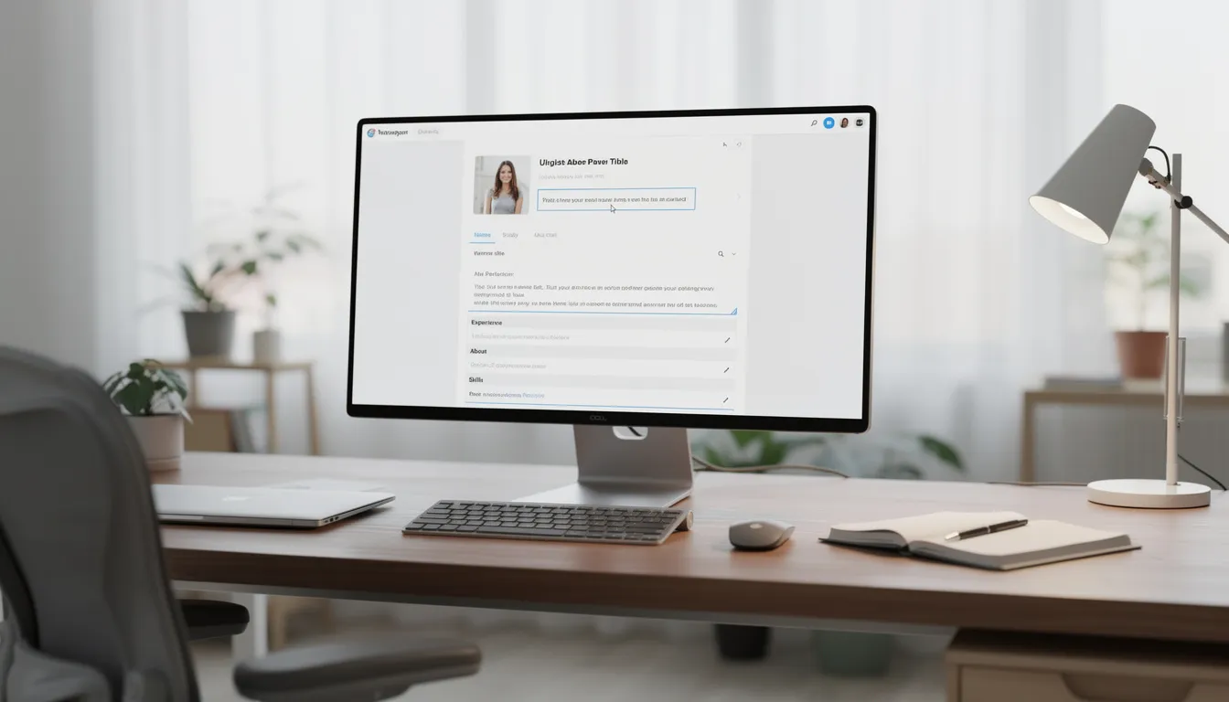 The image depicts a modern workspace featuring a sleek computer screen where a user is actively editing a professional Twitter profile. The workspace is designed for productivity, emphasizing the importance of maintaining authenticity and engagement on social media accounts to boost follower count and credibility.