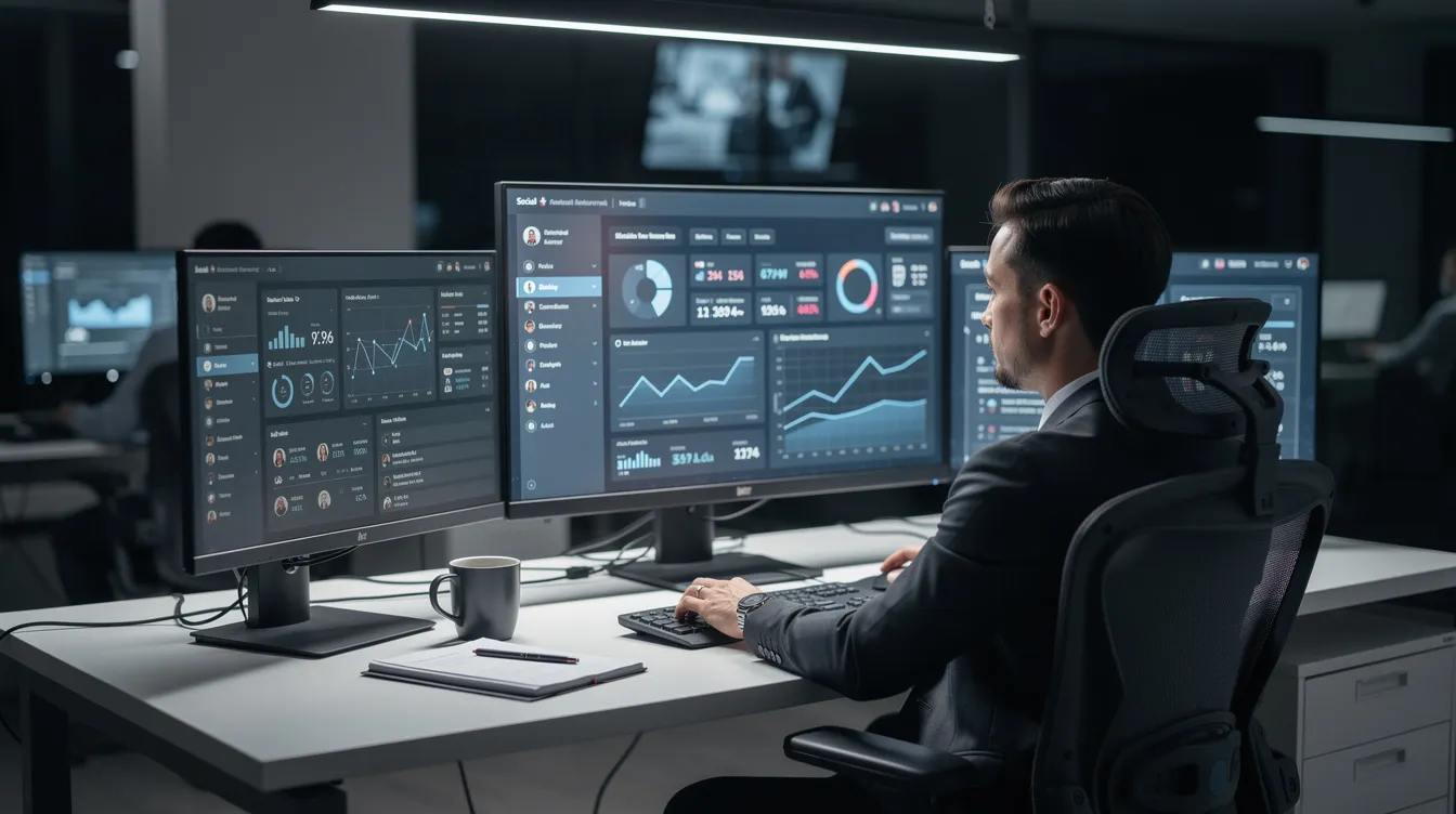 A person is seated at a desk surrounded by multiple computer monitors displaying various social media dashboards, showcasing analytics and engagement history for platforms like Twitter and Instagram. This setup suggests they are involved in managing social media accounts, possibly for online businesses or brands looking to buy and sell verified accounts.