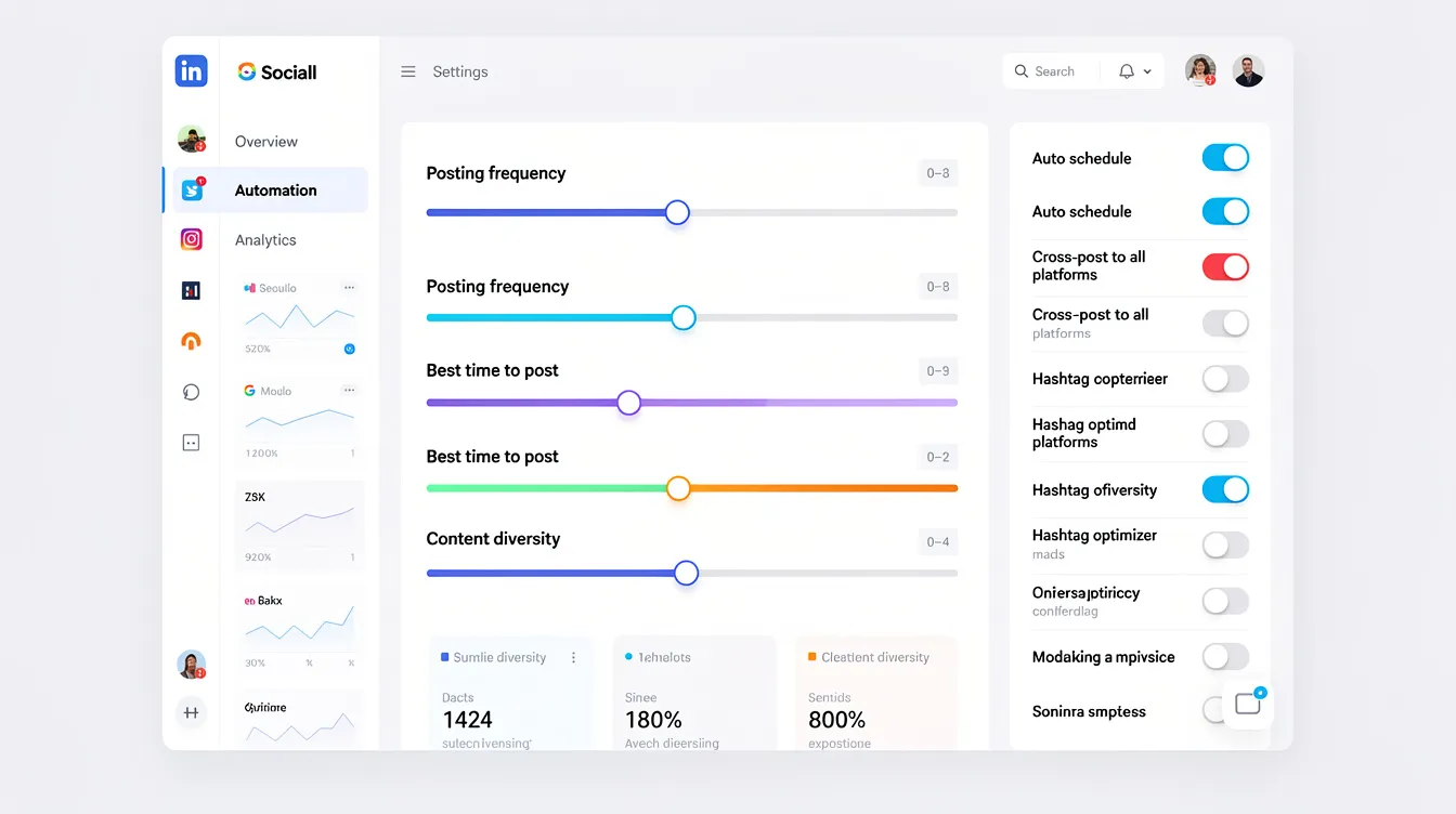 The image depicts a dashboard for social media automation settings, featuring various sliders and toggles designed to optimize a twitter account's engagement strategy. Users can adjust settings to enhance their twitter presence, manage follower growth, and monitor key metrics for effective engagement efforts.