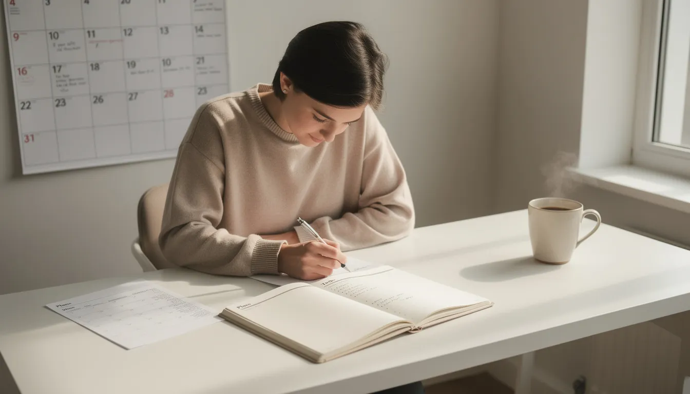 A person sits at a table, sipping coffee while looking at a calendar and a planning notebook filled with content ideas. This scene reflects the importance of a content strategy for growing Twitter followers and maintaining consistent engagement.