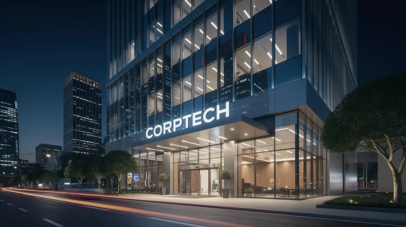 The image depicts a modern corporate building exterior illuminated at night, featuring prominent signage that reflects the company's brand identity. The sleek architecture and glowing lights create a vibrant atmosphere, suggesting the company's role as a significant player in the social media platform landscape, particularly after its rebranding from Twitter to X Corp.