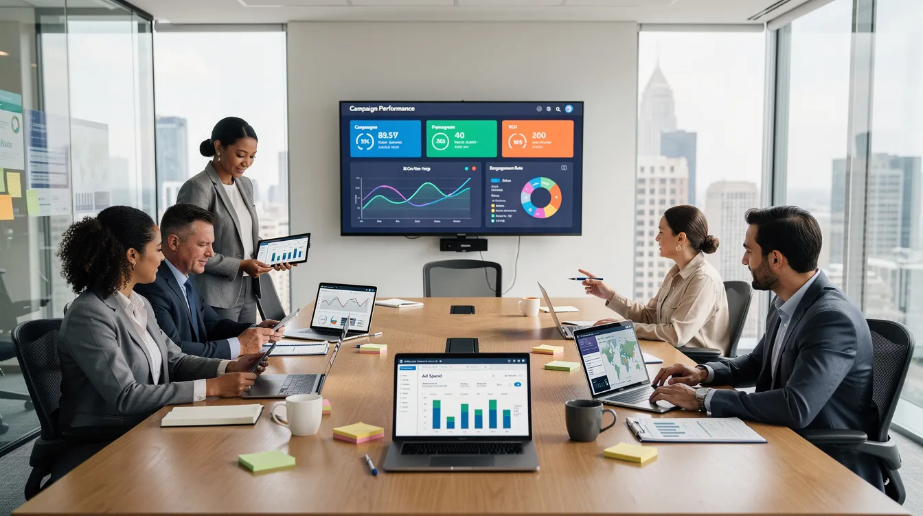 A marketing team is gathered around multiple screens, analyzing campaign analytics that include various ad formats such as video ads and image ads. They are discussing metrics related to video length, ads spend, and the performance of dynamic product ads in order to optimize their upcoming promoted ads.