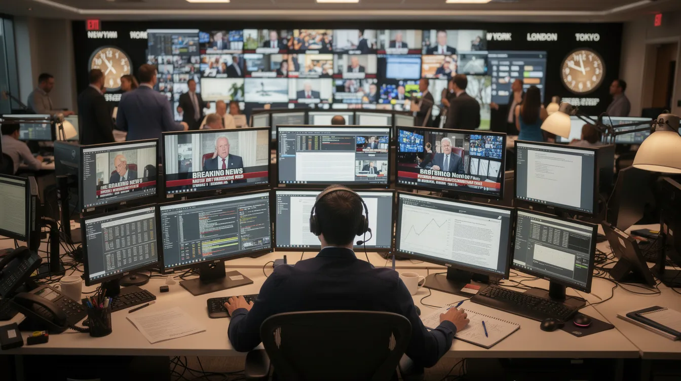 The image depicts a person focused on their work in a bustling newsroom, surrounded by multiple desktop monitors displaying various feeds and tweets, likely using a new version of TweetDeck to manage multiple accounts and track trends in real-time. The atmosphere is dynamic, with a sense of urgency as they engage with direct messages and comments from users.