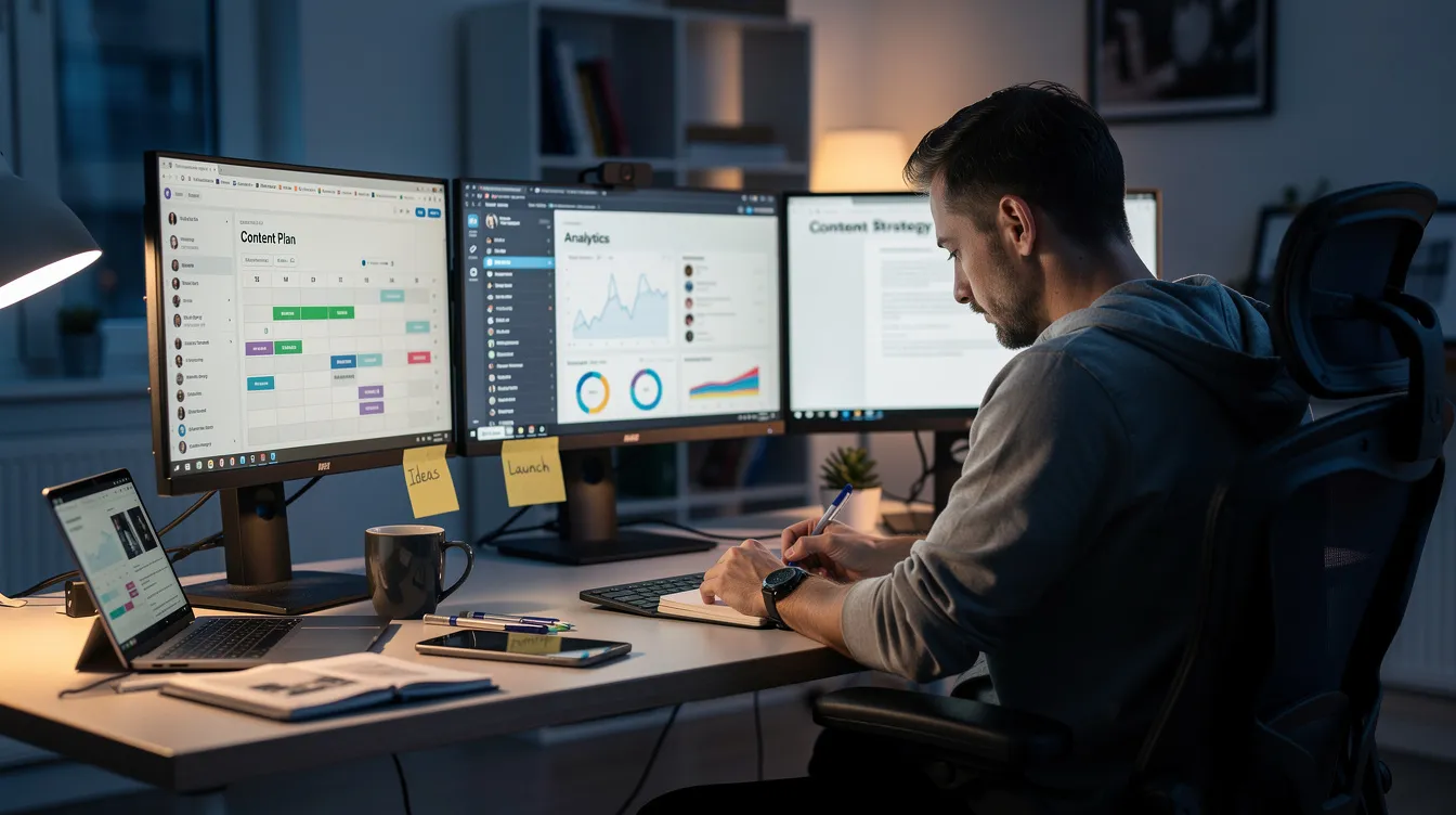 A content creator is seated at a desk, strategizing with multiple screens displaying analytics and social media metrics, focusing on methods to increase their follower count on platforms like Twitter. The workspace reflects a commitment to social media growth and effective marketing strategies aimed at gaining more organic followers and enhancing engagement.