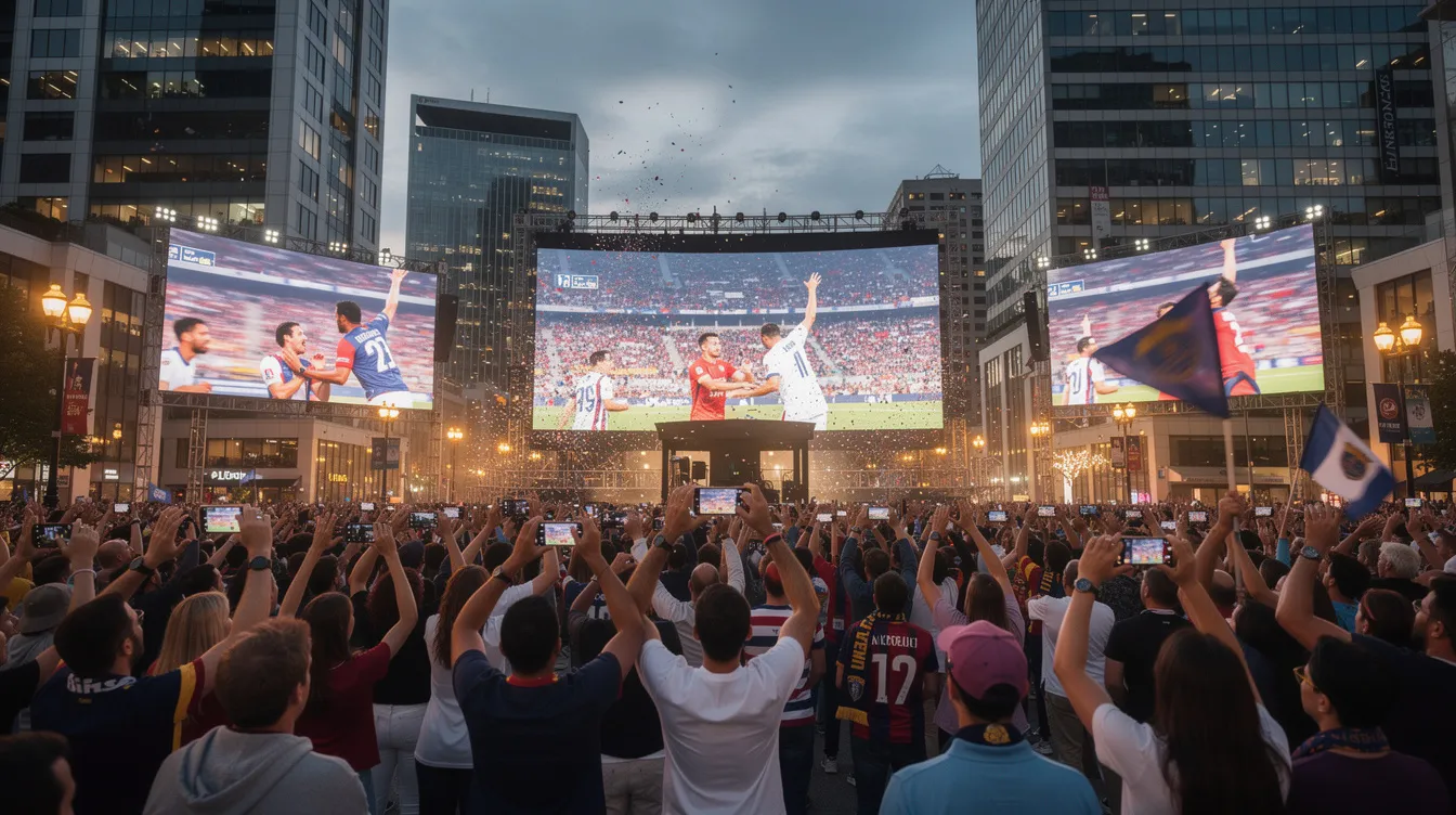 A large crowd of people gathers in a city square, intently watching a significant sports event displayed on big screens, creating a vibrant atmosphere of excitement and community. The scene captures the essence of a global community coming together to enjoy live streams of the game, with many individuals engaged in direct messages and sharing their experiences on social media.